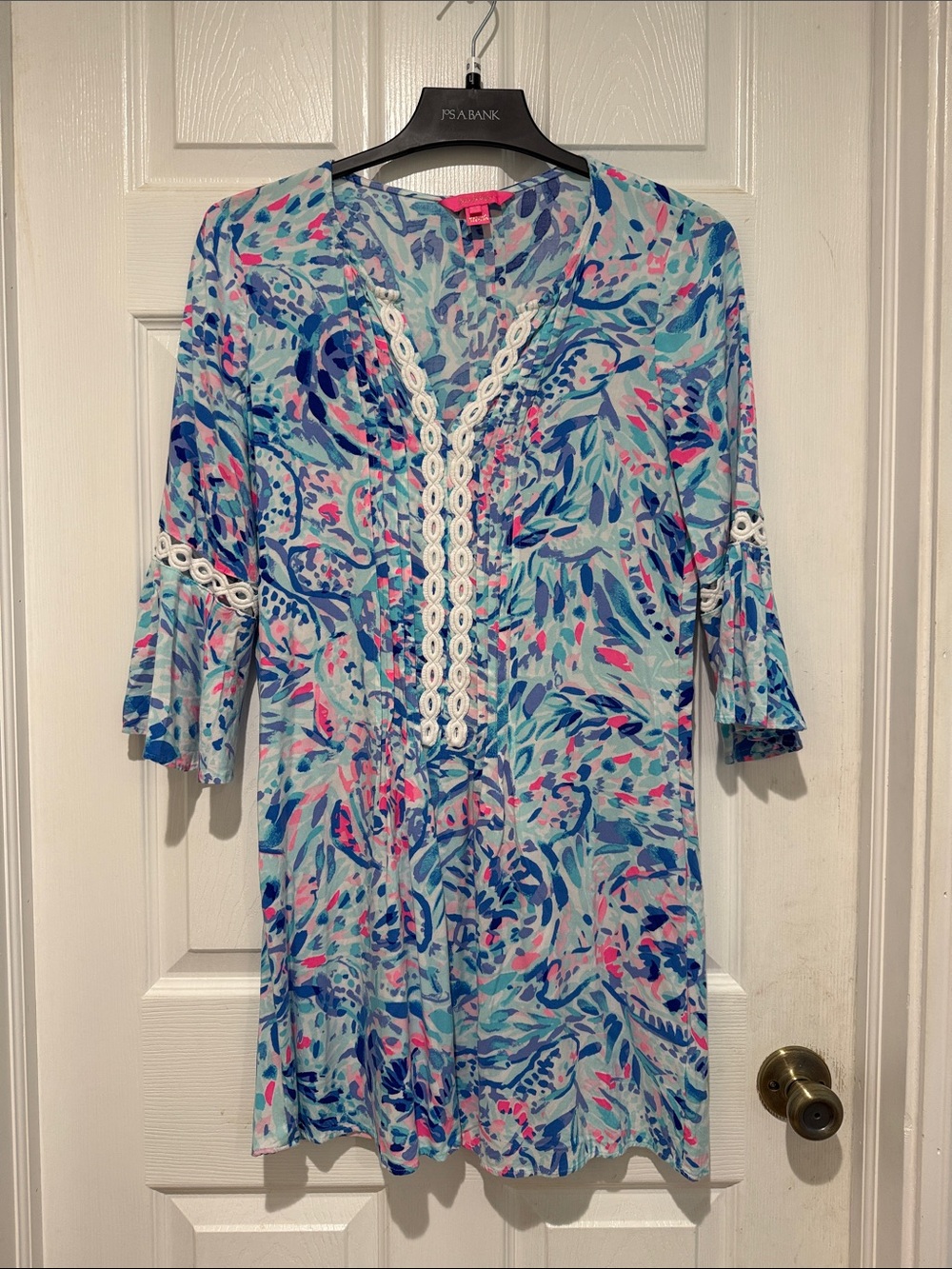 Lilly Pulitzer Blue Floral V-Neck Mini Dress with White Lace